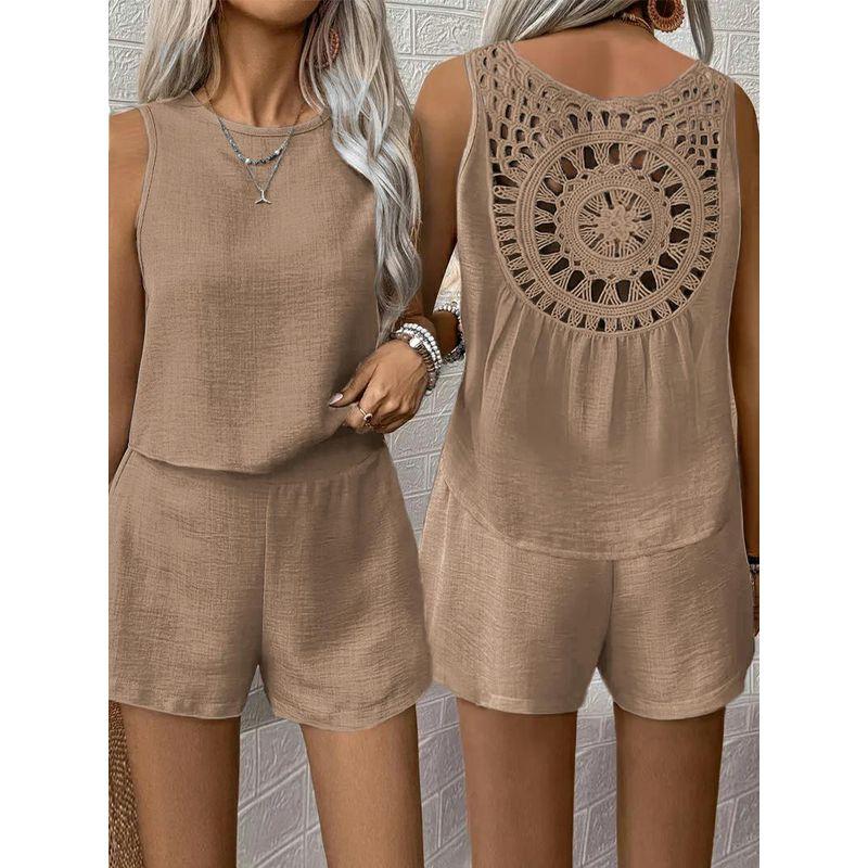 

Western Style Summer New Solid round Neck Back Hollow out Sleeveless Shirts Shorts Casual Two-piece Suit Women Suit Deep khaki M