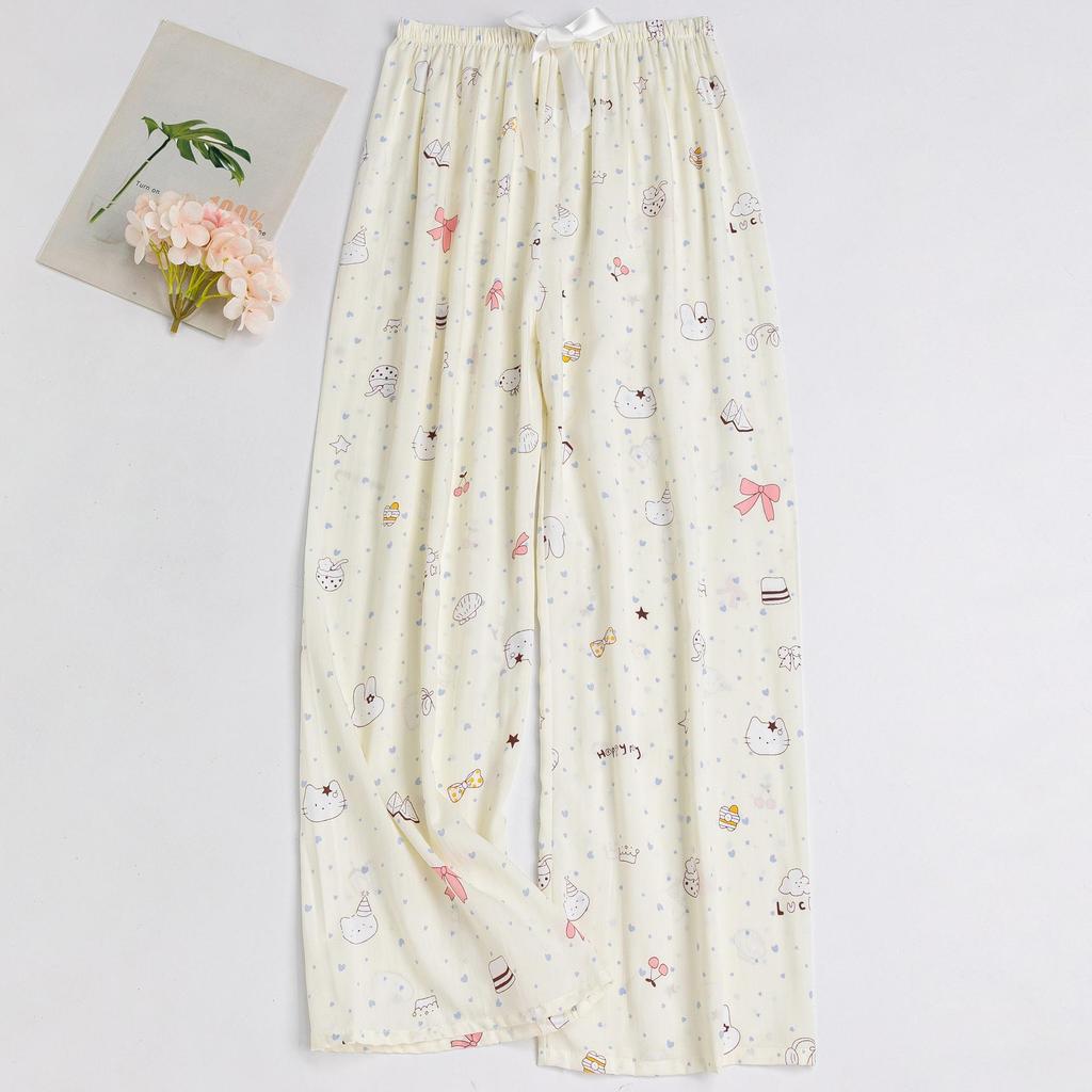 Women's Floral Cotton Silk Pajama Pants, Mosquito Repellent, Outdoor & Home Wear, Plus Size, Lightweight Summer Style.