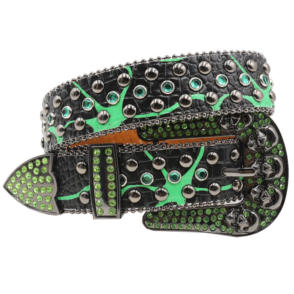 Rhinestone Skull Wide Belt Men Inlaid with Rhinestone Flash Diamond Hip Hop Punk Personality Fashion Non-mainstream