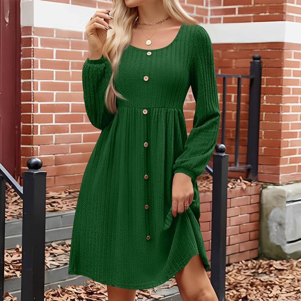 Women's Fashion Round Neck Casual Slim Solid  Waist Long Sleeve Dresses