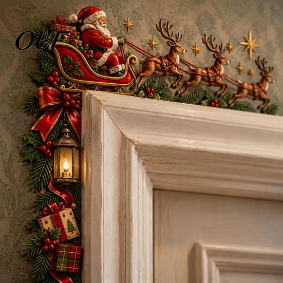 Rustic Holiday Home Accents Christmas Door Topper, Funny Santa Claus Reindeer Sleigh Frame Seasonal Decorative Corner Piece Sign, Wooden Decor