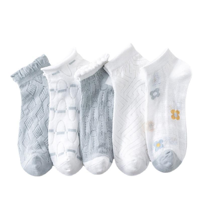 5/10 Pairs Comfortable Casual Spring Summer Socks for Women Mesh Lace Up Glass Silk Boat Socks Low Top Open Toe Breathable Short Socks