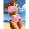 Set Bikini Coste Giallo Senape a Vita Alta Due Pezzi con Bordino Geometrico a Zigzag