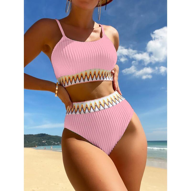 Set Bikini Coste Giallo Senape a Vita Alta Due Pezzi con Bordino Geometrico a Zigzag
