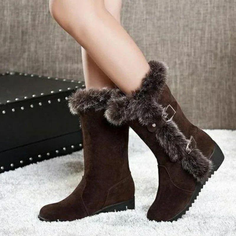 

Winter Women Boots Casual Warm Fur Mid-Calf Boots Shoes Women Slip-On Round Toe Wedges Snow Boots Shoes Muje Plus 38 коричневий