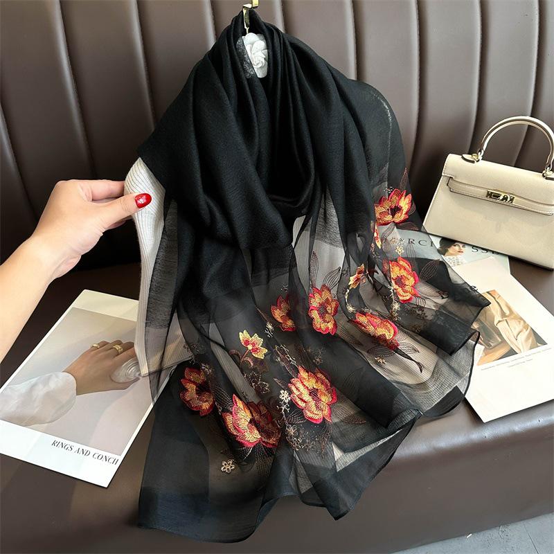 Hand-Embroidered Mulberry Silk Scarf - Elegant Spring & Autumn Shawl