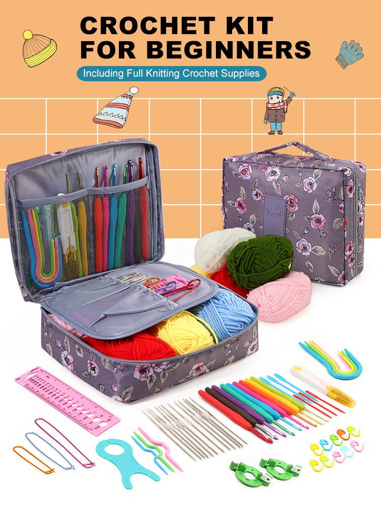 59 Teile Strick-Häkel-Set, Tragbare Strickwerkzeuge, Häkeln für Anfänger, Garn-Bastelset, DIY Bastel-Nähwerkzeuge mit Tasche