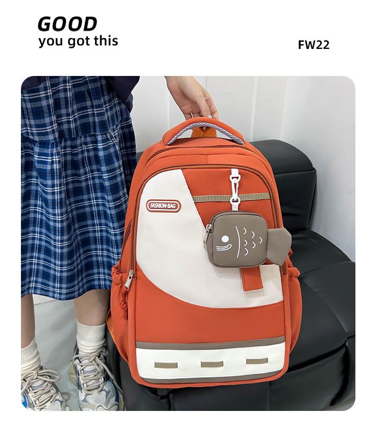 Large Capacity Color Block Student Backpack with Small Fish Pocket - Wear-Resistant Casual Design