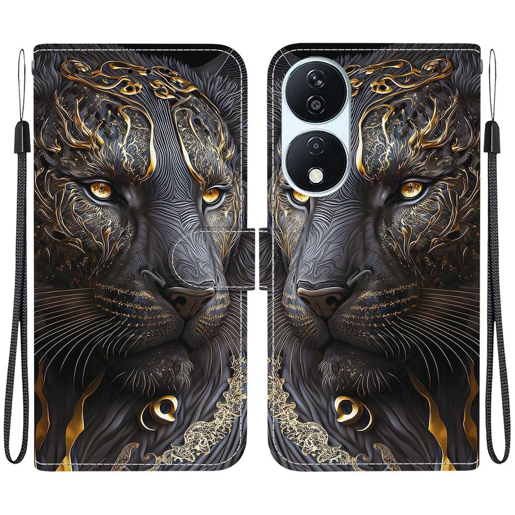 Handgefertigte PU-Leder-Flip-Hülle für Honor X7b Rutschfeste Stoßfeste Hülle mit Handschlaufe & Herz/Rose Katze Designs