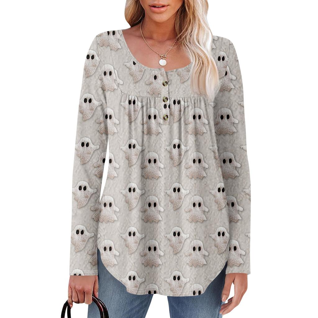 Dame Langermet Tunika Løse Topper Casual Oversized Topper Plissert Tunika Knapper Ned Casual Dame Print Topper