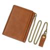 Vintage Genuine Leather Men Wallet Crazy Horse Leather Male Cowhide Trifold Card Holder Wallet with Metal Chain