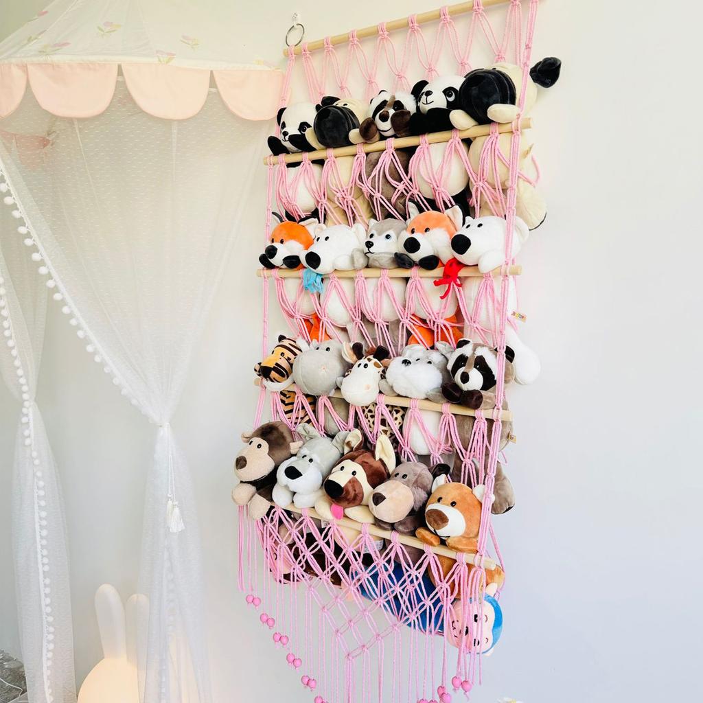 Hanging Storage Net for Plush Toy Decorative Wood and Cotton Hanging Organiser Storage Holder Rack for Kids' Toy