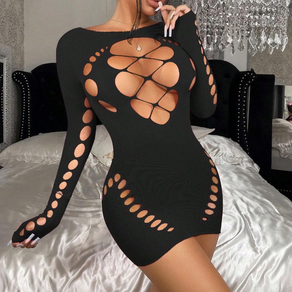 Sexy Fashion Dress Women Mesh Elasticity Bandage Mini Fishnet Dress Hot Vestidos Sexy Hollow Out Night Club Mini Dress
