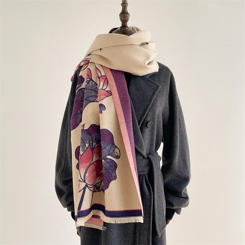 Winter New Lotus Scarf Women's Double-sided Jacquard Shawl Warm and Thickened Outer Cover Photo Wear Scarf