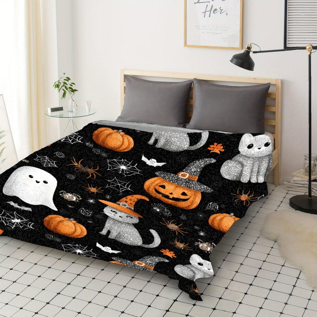 1pc Black Orenge Halloween Blanket Cat Bat Pumpkin Ghost Print Skin-Friendly Soft Blanket 2025 New for Home Sofa Halloween Decor