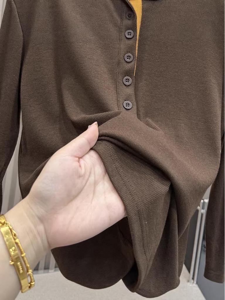 Autumn Slim-fit Color-block Fake Two-Piece Henley Long-Sleeve T-shirt for Women