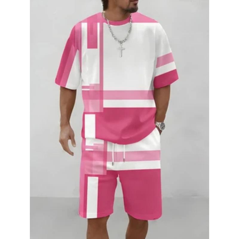 Men's blue and white geometric block patchwork short-sleeved T-shirt suit