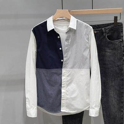 Spring Autumn Fashion Turn-down Collar Long Sleeve Patchwork Contrast Color Blouse Men's Clothing Button Casual All-match Shirts