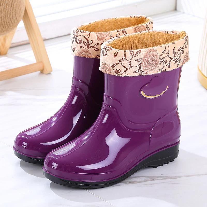 Women's Autumn And Winter Midsole Thick Soled Warm And Velvet Anti Slip Waterproof Shoes Rain Boots Rubber Shoes