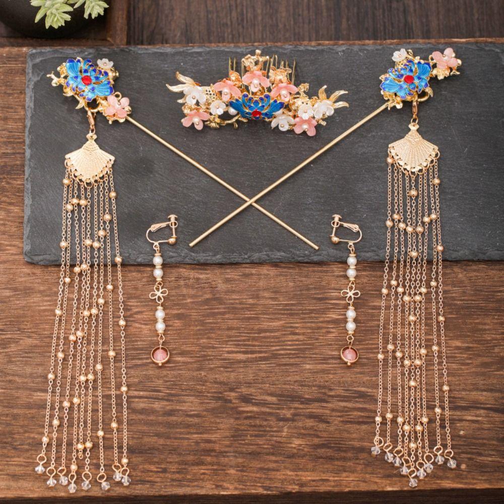 Flower Ancient Hair Stick Sets Tassel Wedding Hair Accessories Antique Bridal Headwear  Cheongsam