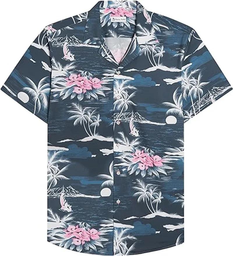 Men's Summer Short Sleeve Hawaiian Shirt Beach Holiday Print Shirt Top 100% Polyester