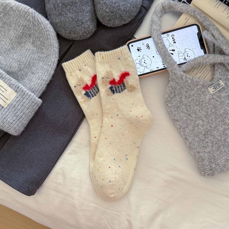 Thick and Warm Women's Socks Featuring Cartoon Dogs. Winter and Autumn Style. Wool with Yarn Dots. Mid-calf Length Socks.