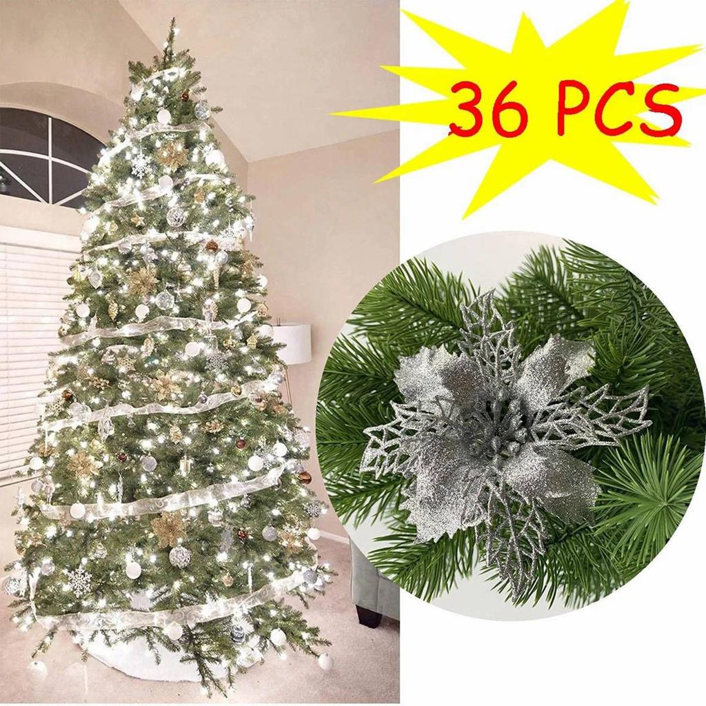 Set Of 36 Pcs Christmas Poinsettia Flowers Ornaments Glitter Floral Accessories Xmas Wreath Tree Decorations For Party Home Wedding