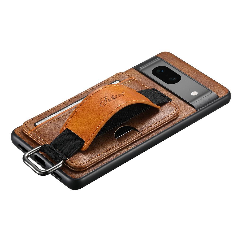 SUTENI H13 Leather Coated PC+TPU Case for Google Pixel 7a,Kickstand Card Holder Phone Back Cover with Hand Strap