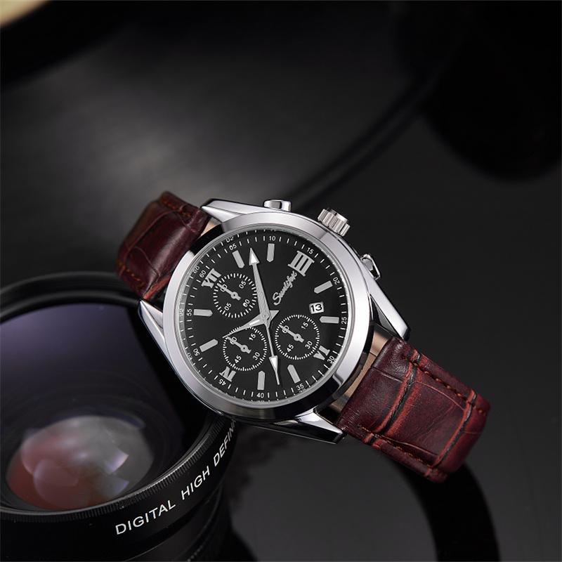 Fashionable personalized trendy circular dial with calendar night light waterproof men's quartz watch business leather strap