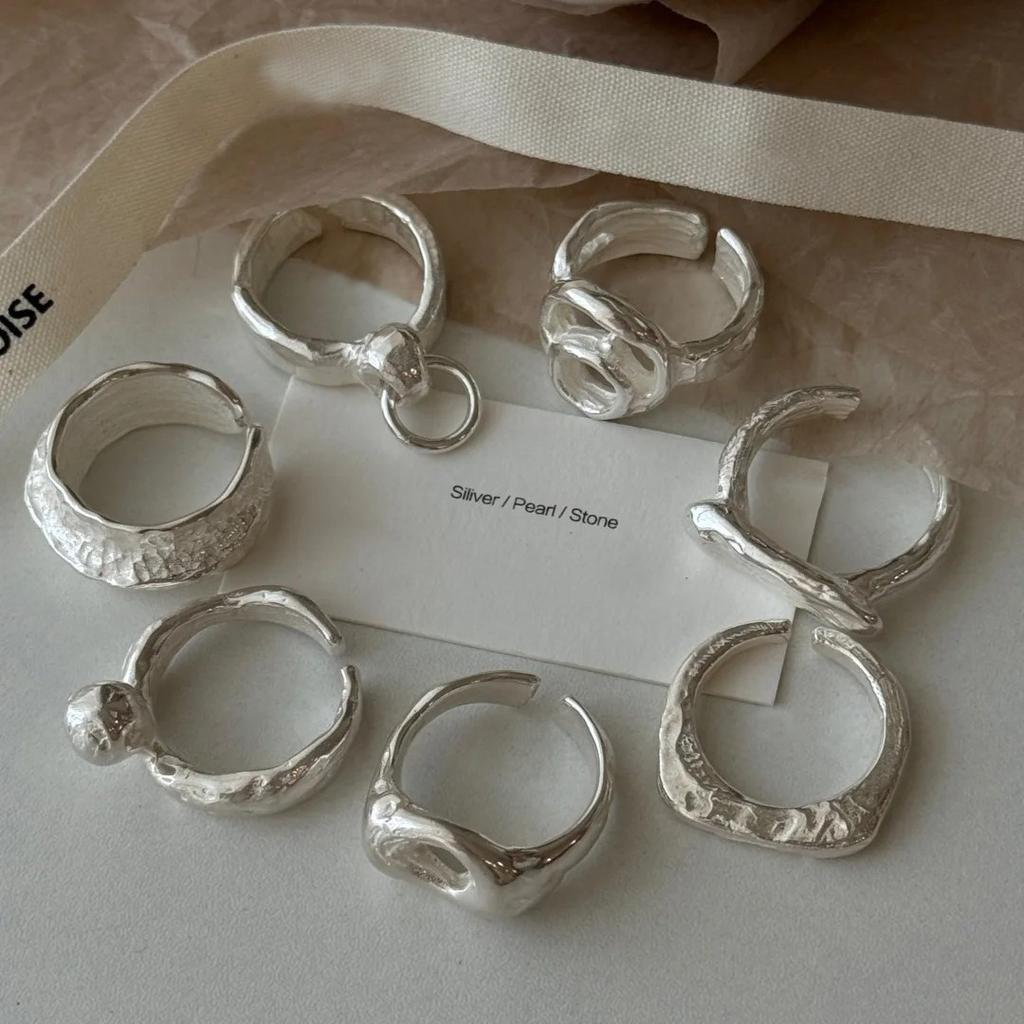 PANJBJ 925 Silver Frosting Geometry Ring for Women Wide Texture Versatile Handmade Ins Jewelry Gift