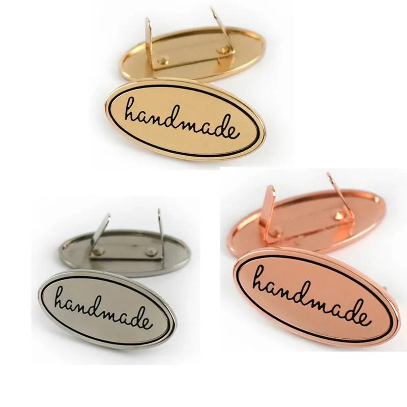 5PC Hand Made Metal Labels Gold Silver Color Craft Garment Labels Tags For Bags Purse Hand Made Letter Printed DIY Sewing Labels