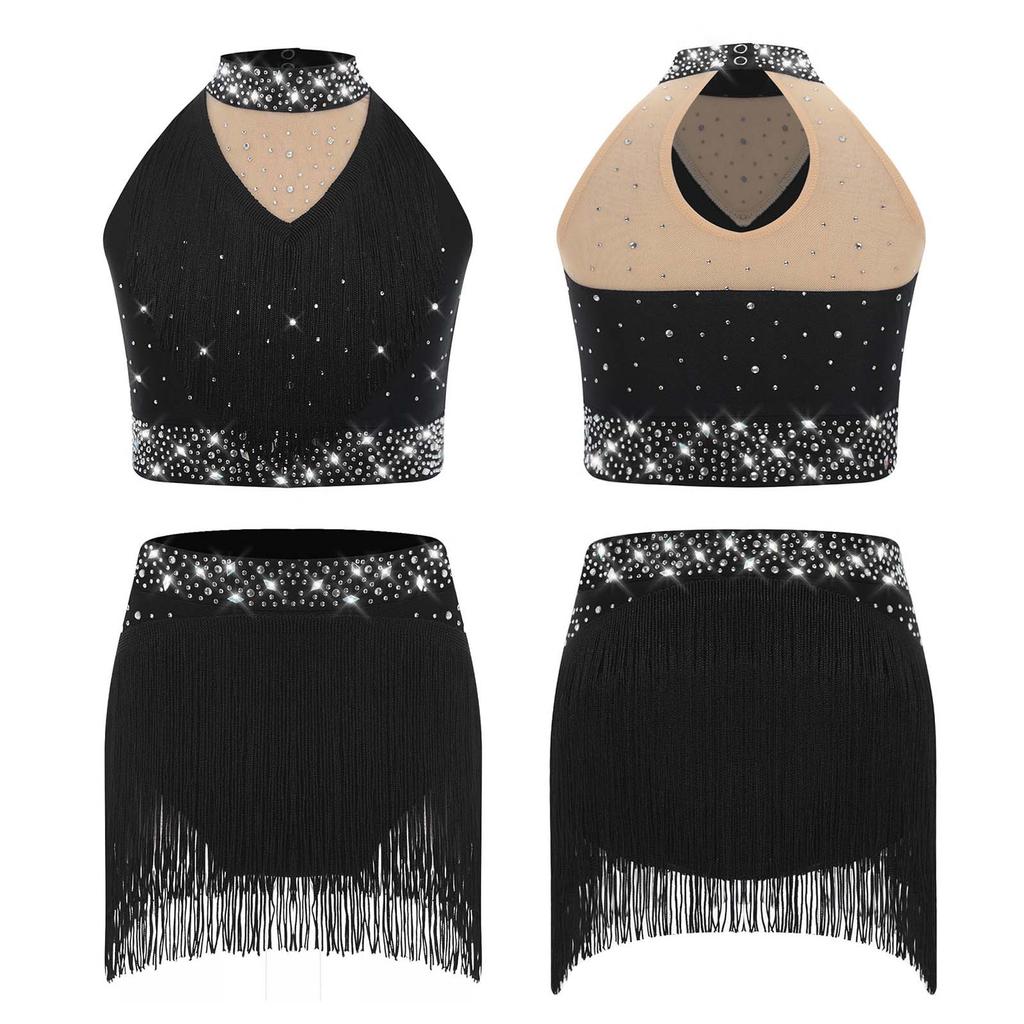 Mädchen Glitzernde Pailletten Tanzset Stehkragen Tanktop Fransenunterteil für Bühnenauftritt Jazz Ballett Shows