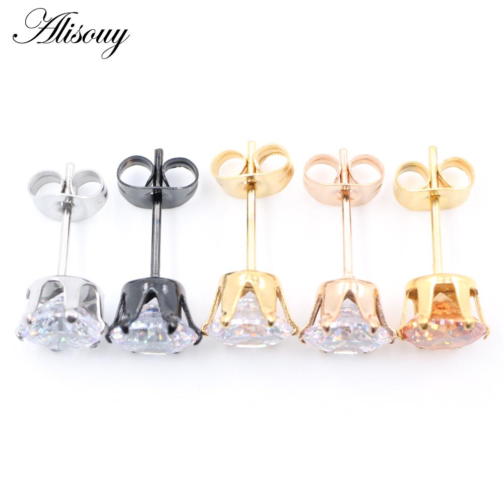 Alisouy 2 יחידות נירוסטה עגול זירקוניה מעוקבת קריסטל CZ נשים גברים עגילי חתיך לאוזן טרגוס סחוס הליקס פירסינג תכשיטים