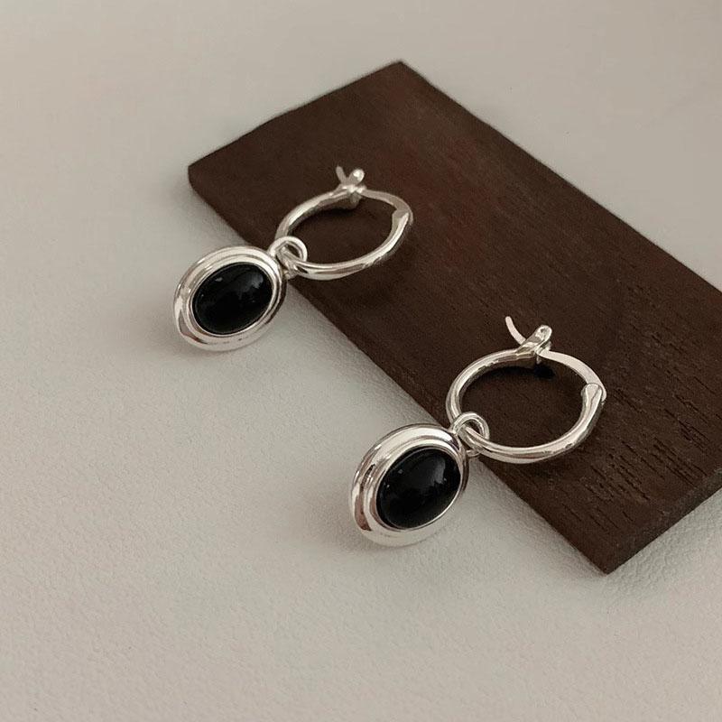 

PANJBJ 925 Sterling Copper Black Agate Earrings For Women Girl Rotund Originality Design Korean Zircon Party Gifts Dro