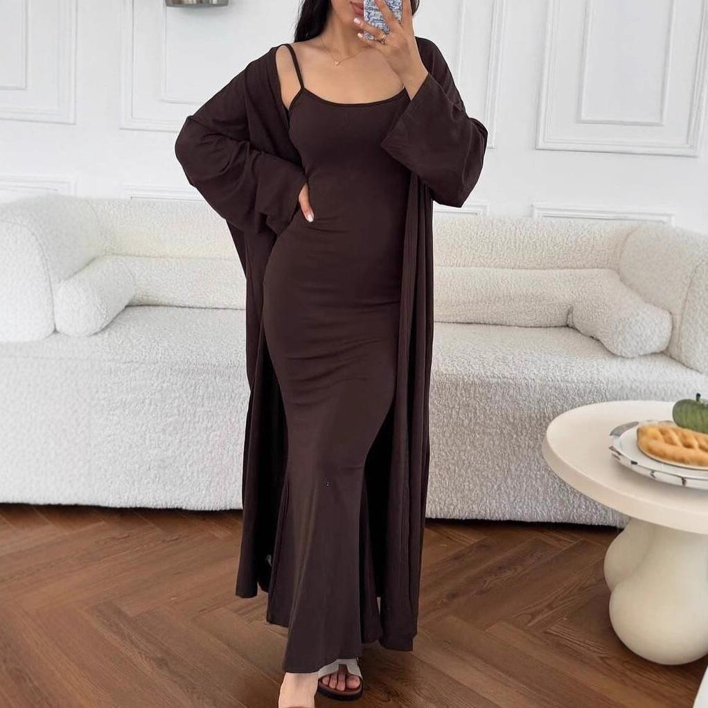 Spot new INS style fashion slim-fitting sleeveless suspender skirt solid color long coat cardigan two-piece set