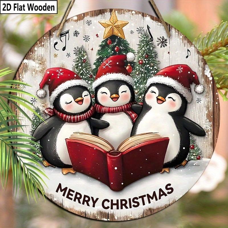 Christmas decoration sign,indoor hanging decorations,2D flat Wooden products with The pattern is three penguins wearing Christmas hats,Christmas gift