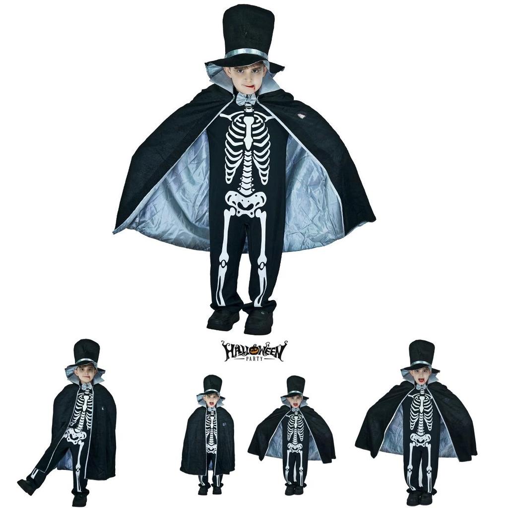 Kids Boy Skeleton Skull Ghost Cloak Halloween Cosplay Party Outfit Costume