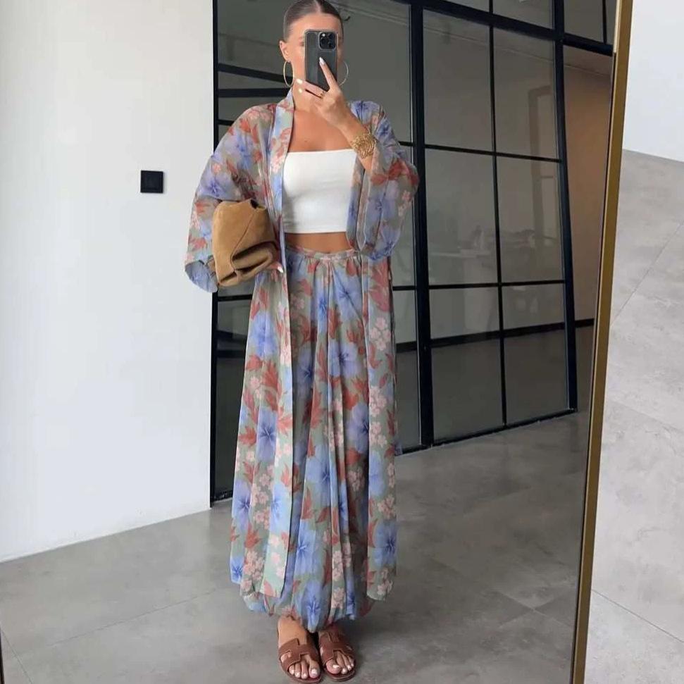 autumn new European and American Amazon cross-border long-sleeved printed long cardigan top A-shaped skirt cover XS