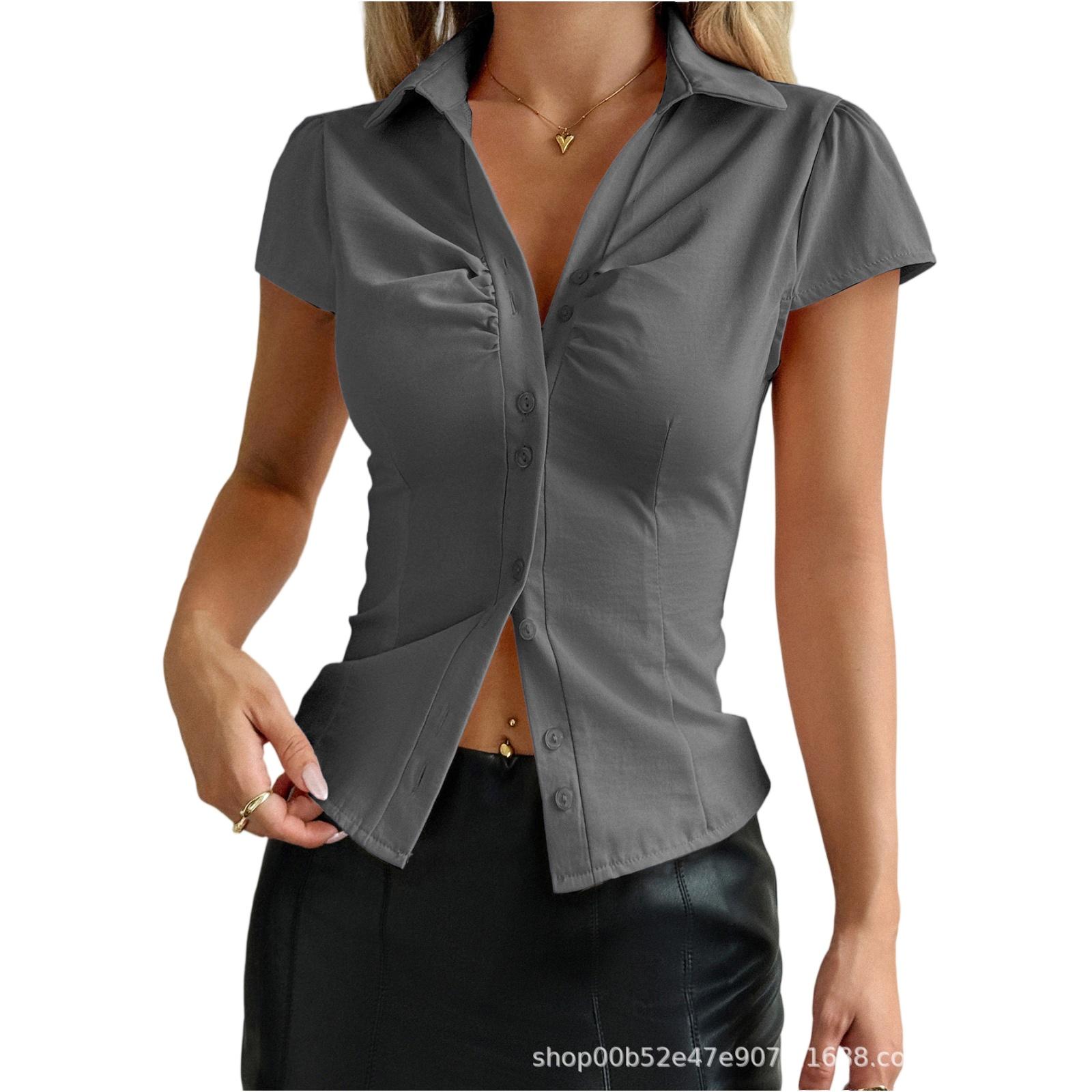 

Женская мода Сексуальная блузка на пуговицах однотонная с коротким рукавом облегающий топ L