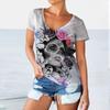 Sommer V-Ausschnitt 3D Schädel bedrucktes Top Modische lässige kurzärmelige Damen T-Shirts