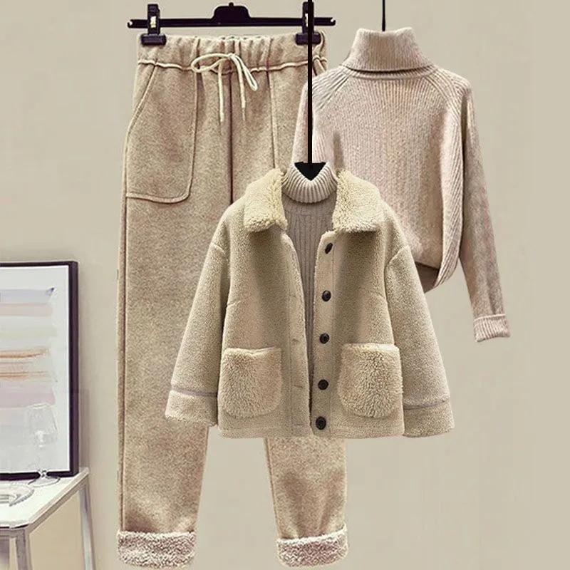 Winter Lamb Plush Fur Granular Fleece Jacket Sweater Casual Pants Three-piece Fashion Professional Pants Suit Women