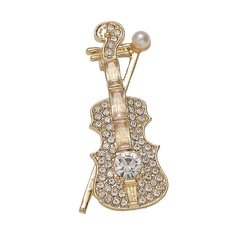 Creative Design Gold Color Crystal VIOLIN Pearl Brooches for Women Temperament Enfashion Zircon Pins Jewelry Suit Accessories