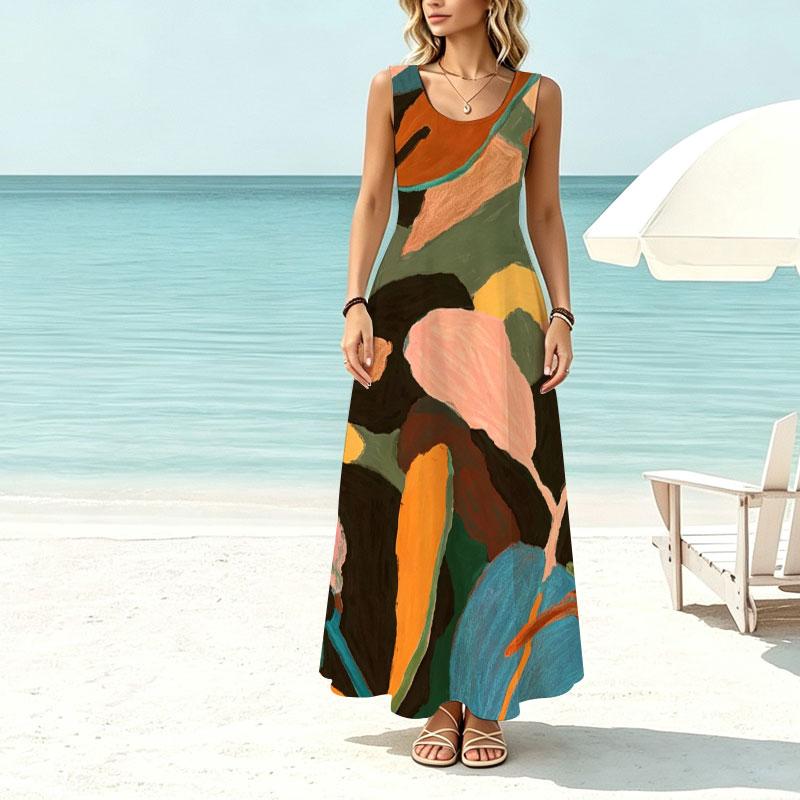 Floor-Length Abstract Art Sleeveless Maxi Dress Flowy,Comfortable Versatile for Beach Vacations,Daily Casual Travel Photos