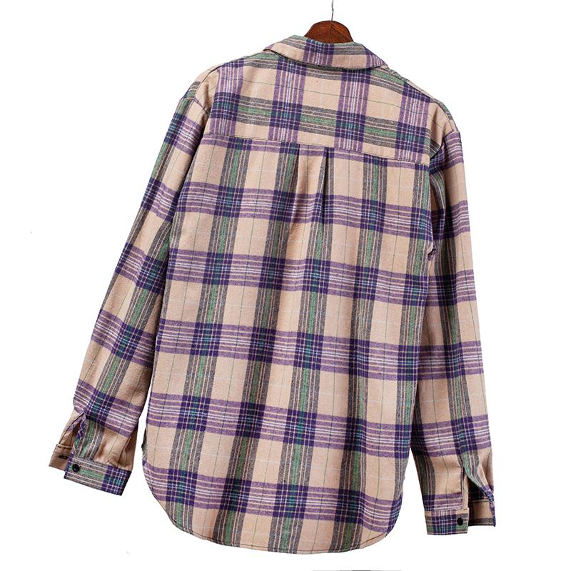 2024 våren Rutade skjortor Dam Topp och blusar Långärmad Oversized Dam Casual Blusas Pocket Lös Kvinnlig Rutig Skjorta Lila