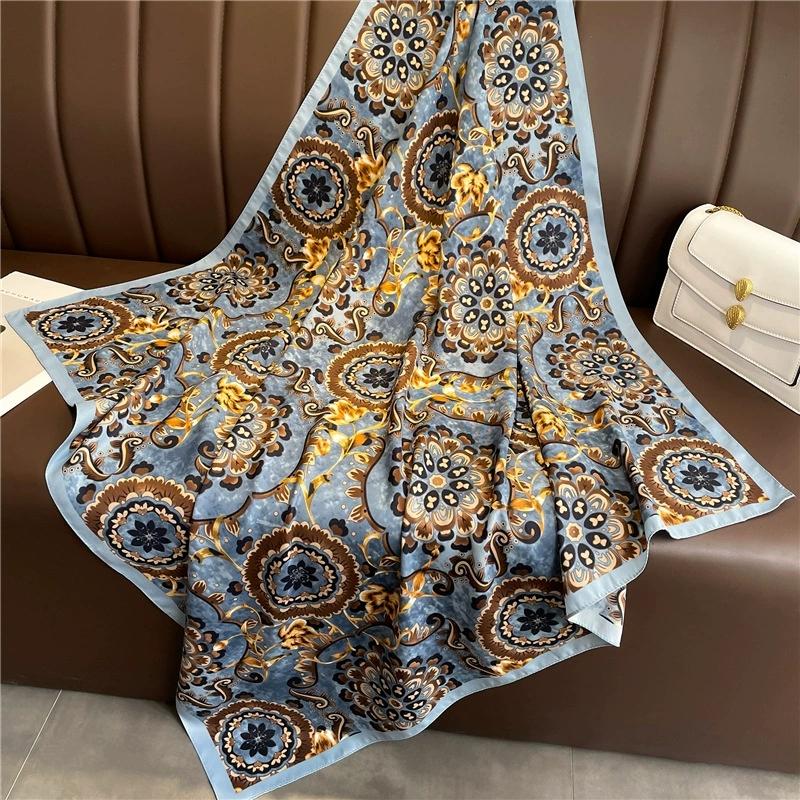 European Style Retro Printed Imitation Silk Scarf 90x90cm Square Headscarf for Women Shawls Bandana Lady Hijabs