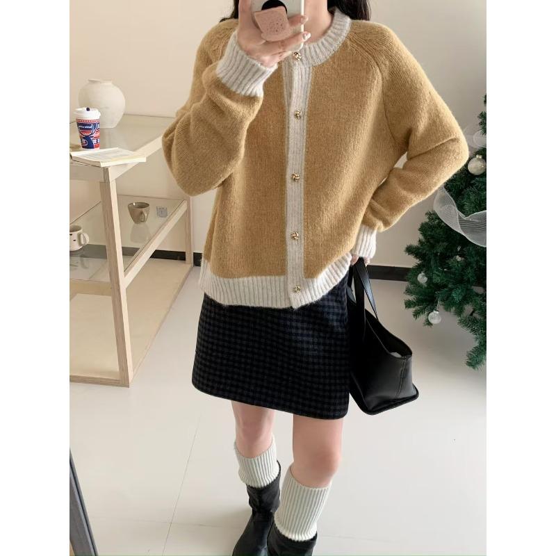 

Контрастный цвет круглый вырез дизайн вязаный кардиган осень и зима новый свободный мягкий восковой свитер куртка женская one size fits all жёлтый