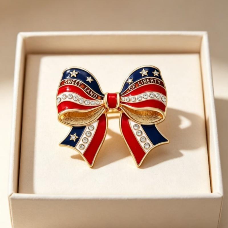Spille Spilla Fiocco Bandiera Americana Spille Smalto Patriottiche Colori Bandiera USA Rosso Bianco Blu Smalto Strass Spille da Bavero Gioielli Regali