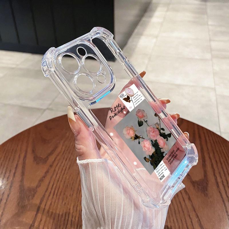 Case For iPhone 16 15 14 13 12 11 Pro Max 7 8 15 16 Plus X XR XS Max SE Cute Rose Flower Transparent Silicone Soft Cover