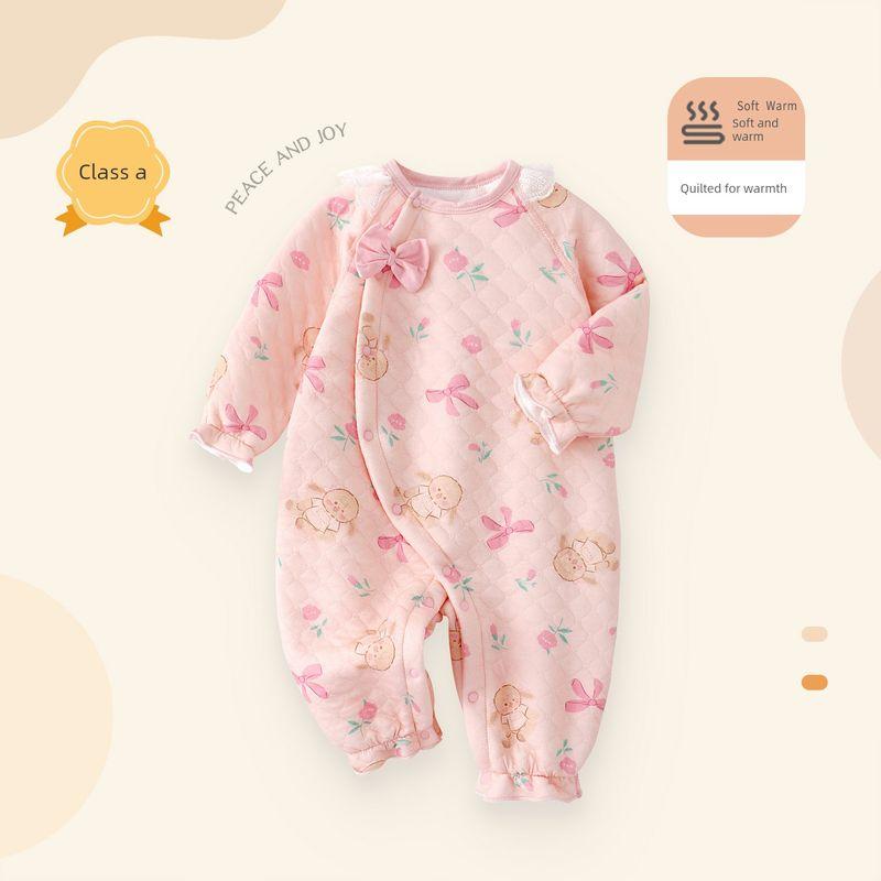 Newborn Cute Baby Autumn and Winter Warm Cotton-Padded Thermal Romper for 3-24 Months Old Baby Hns2072-Pink Bunny 59 cm