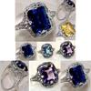 Elegant European Style Jewelry With Classic Square Cut Blue Sapphire Rhinestone Studded Ring